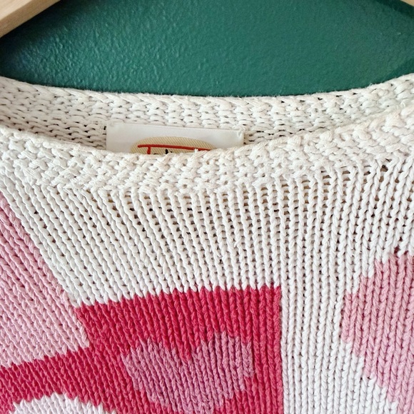 Vintage 90s TALBOTS Sweater Hand Knit Heart Print Cotton Linen Small Pink Red - Picture 3 of 5